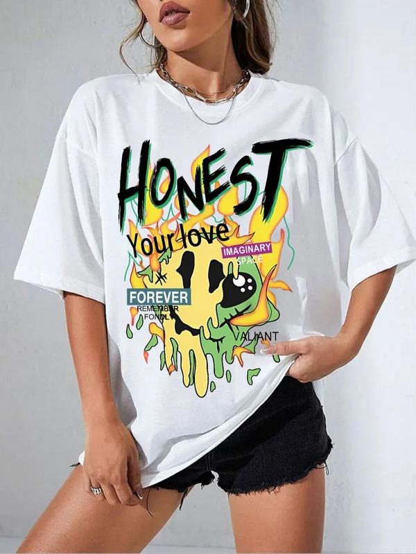 Cartoon Face & Letter Print Round Neck Casual Comfy Drop Shoulder Half Sleeve Daily Top All Seasons T-Shirts, Hoodie, Sweatshirt