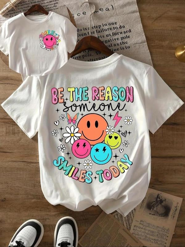 Women's Cartoon Face & Letter Print Round Neck Tee, Fashion Casual Crew Neck T-Shirt for Daily Holiday Vacation Outdoor...