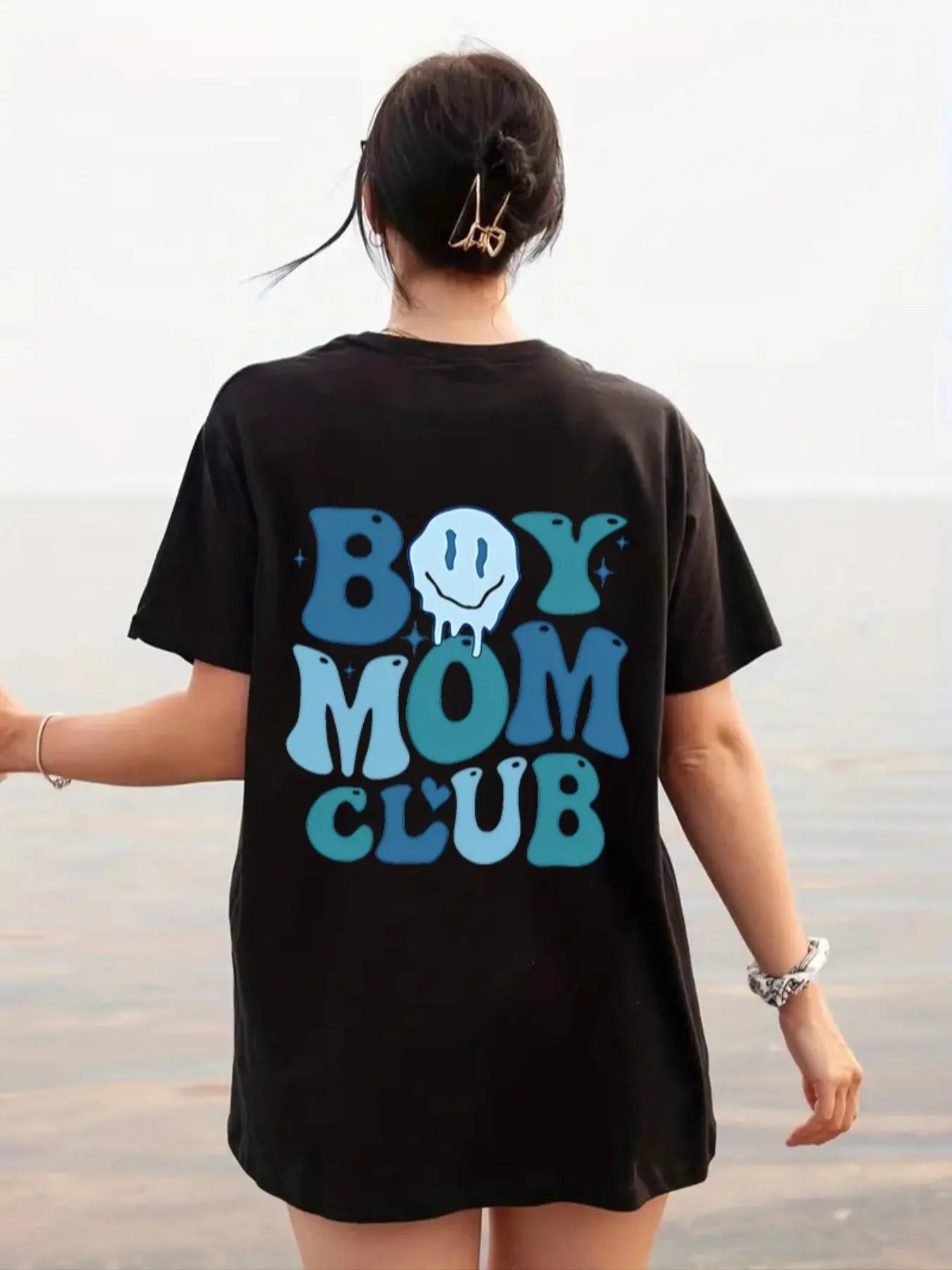 Women's Cartoon Face & Letter Print Round Neck Tee, Fashion Casual Short Sleeve T-shirt for Daily Wear, Ladies Summer...