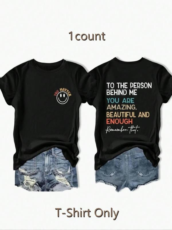 Women's Cartoon Face & Letter Print Round Neck Tee, Trendy Casual Short Sleeve T-shirt for Daily Wear, Ladies Summer...
