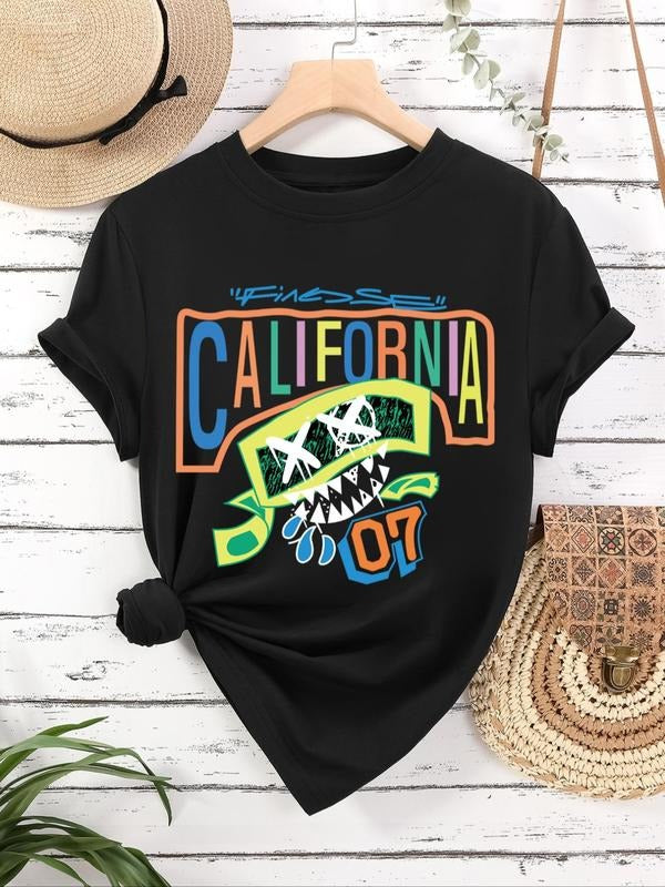Women's Cartoon Face & Letter Print Round Neck Tee, Vintage Trendy Casual Graphic Short Sleeve T-shirt for Daily Wear,...
