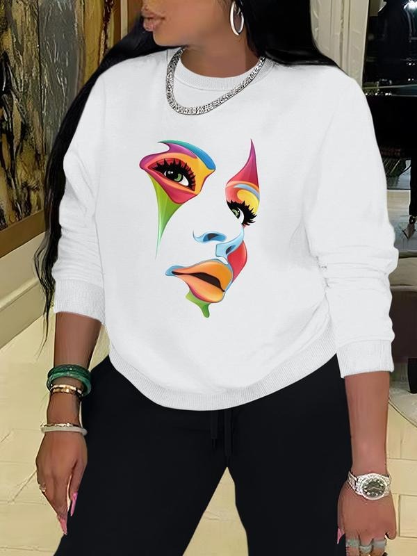Women's Cartoon Face Print Crew Neck Sweatshirt, Casual Long Sleeve Pullover, Women's Fall & Winter Clothes for Daily...