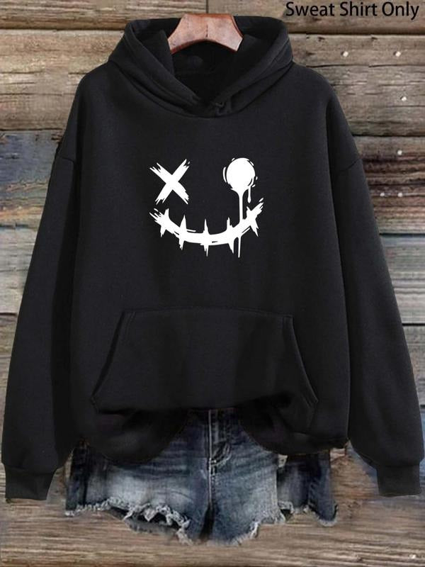 Women's Cartoon Face Print Drop Shoulder Drawstring Hoodie, Fashion Casual Pocket Hooded Sweatshirt for Daily Holiday...