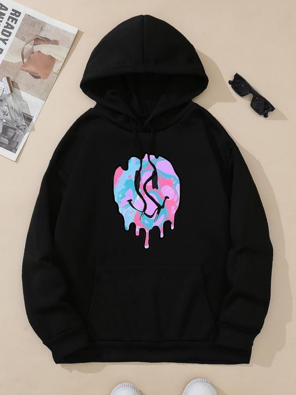 Women's Cartoon Face Print Drop Shoulder Hoodie, Fashion Casual Drawstring Pocket Hooded Sweatshirt for Daily Holiday...