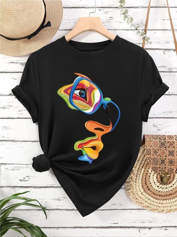 Women's Cartoon Face Print Round Neck Tee, Casual Short Sleeve Crew Neck T-Shirt for Daily Wear, Ladies Clothes for All...