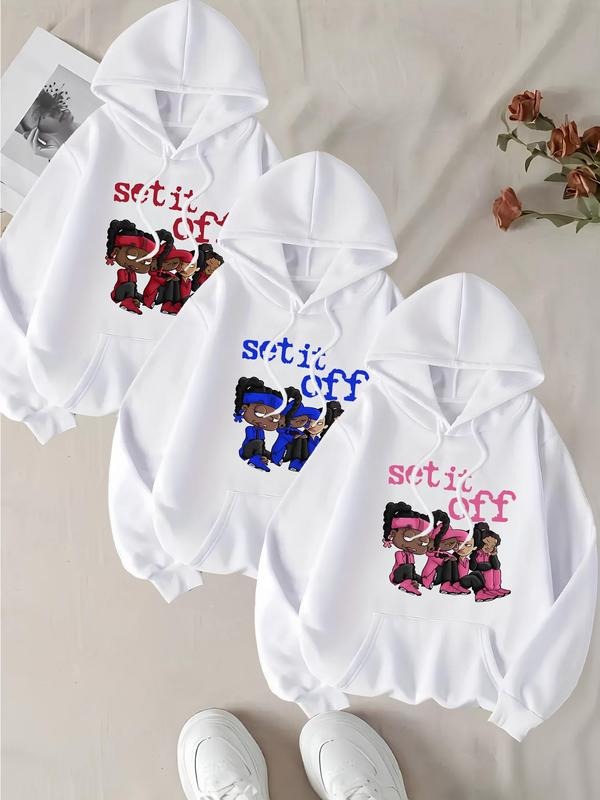 Women's Cartoon Figure & Letter Print Drop Shoulder Hoodie, Fashion Casual Drawstring Pocket Hooded Sweatshirt for Daily...