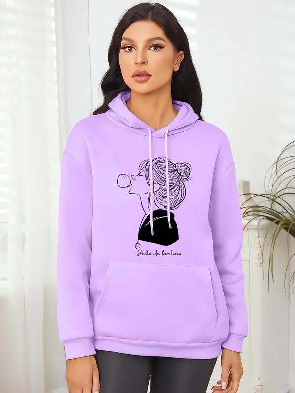 Women's Cartoon Figure & Letter Print Drop Shoulder Hoodie, Fashion Casual Drawstring Pocket Hooded Sweatshirt for Daily...