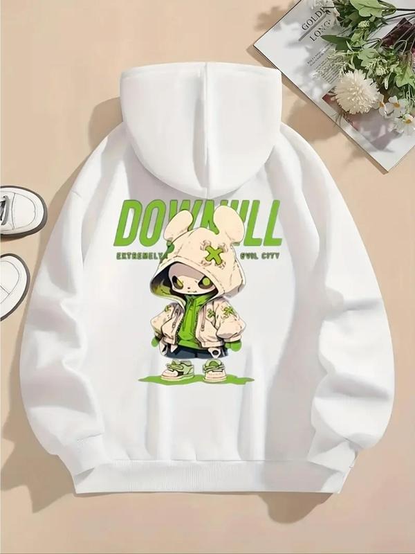 Women's Cartoon Figure & Letter Print Drop Shoulder Hoodie, Fashion Casual Drawstring Pocket Hooded Sweatshirt for Daily...