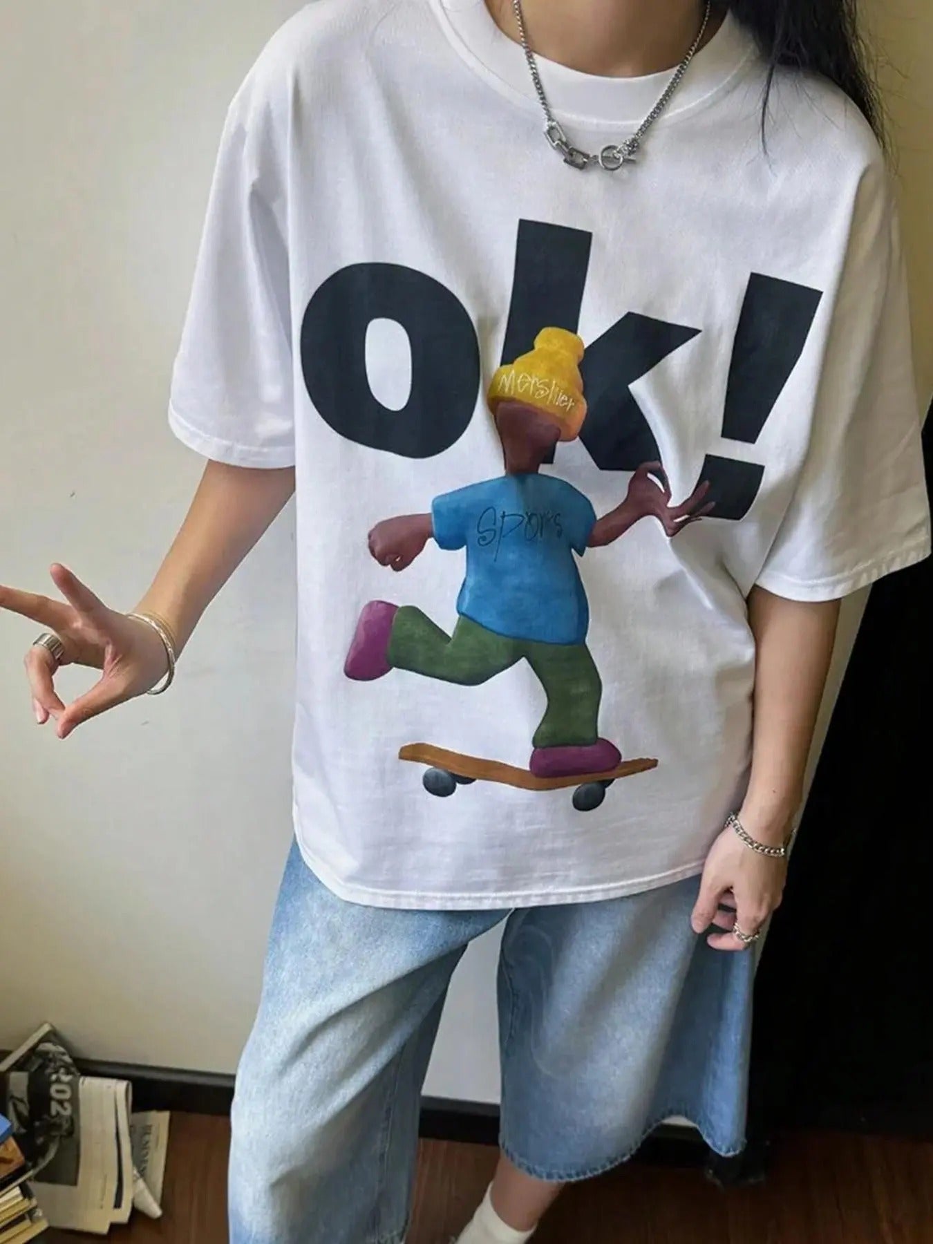 Cartoon Figure & Letter Print Drop Shoulder Casual Half Sleeve Round Neck Summer Top Daily T-Shirts, Hoodie, Sweatshirt