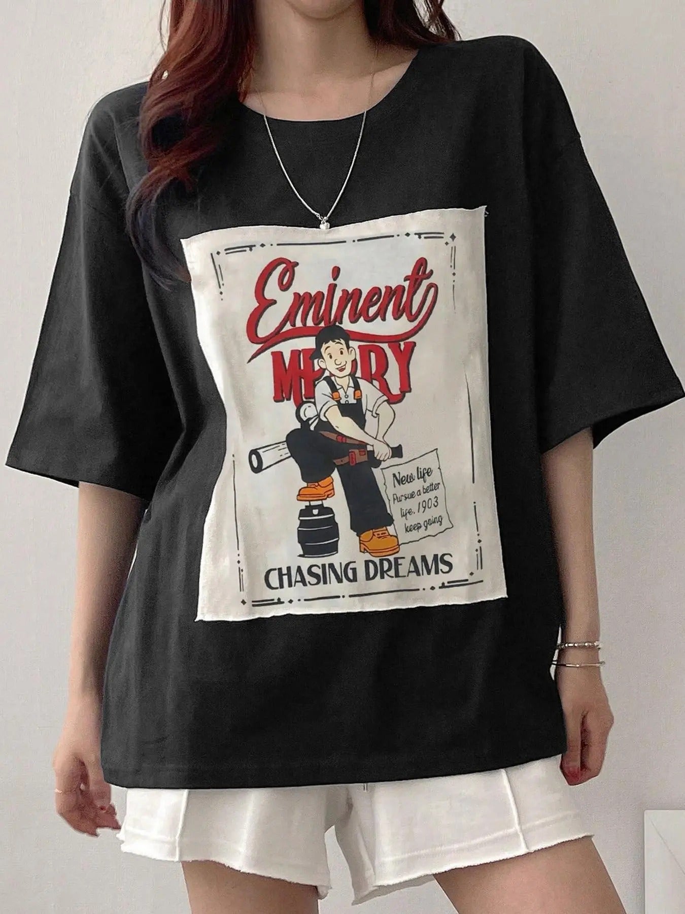 Women's Cartoon Figure & Letter Print Round Neck Tee, Fashion Casual Half Sleeve T-shirt for Daily Wear, Ladies Clothes...