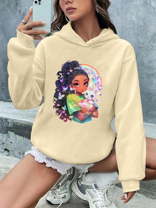 Women's Cartoon Figure & Rabbit Print Drop Shoulder Hoodie, Fashion Casual Long Sleeve Hooded Sweatshirt for Daily...