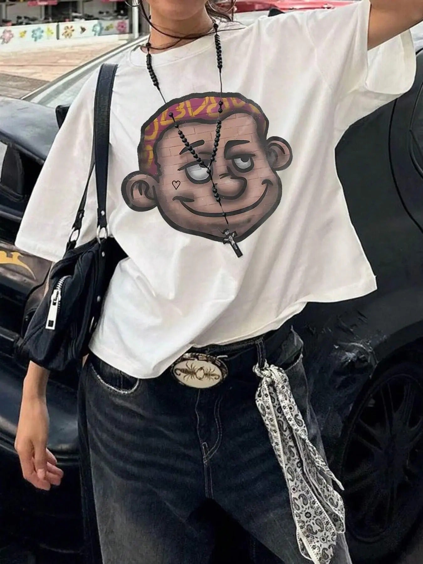 Women's Cartoon Figure Print Drop Shoulder Tee, Fashion Casual Crew Neck T-shirt for Daily Holiday Vacation Outdoor Wear,...