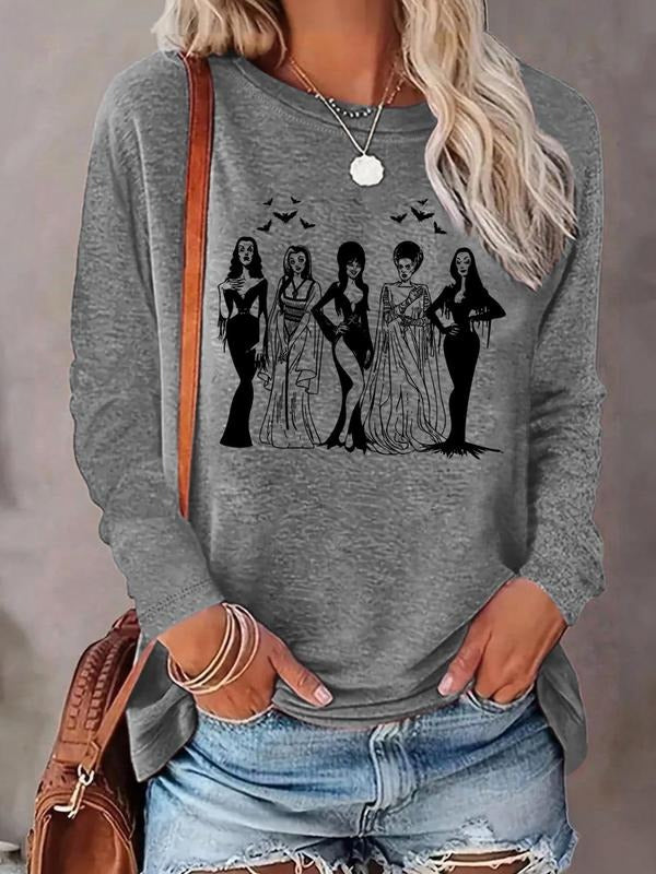 Women's Cartoon Figure Print Round Neck T-shirt, Fashion Casual Long Sleeve Tee, Vintage Graphic Tees, Women's Top for...