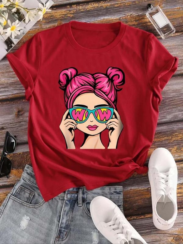 Women's Cartoon Figure Print Round Neck Tee, Casual Short Sleeve Crew Neck T-shirt for Summer, Fashion Simple Women's Top...