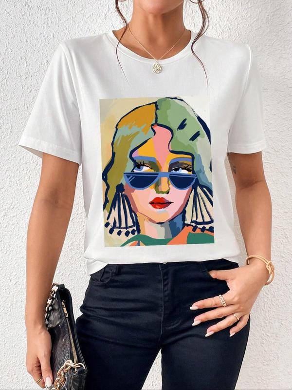 Women's Cartoon Figure Print Round Neck Tee, Casual Short Sleeve Crew Neck T-shirt for Summer, Fashion Simple Women's Top...