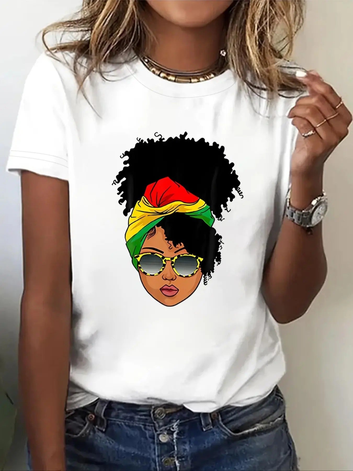Women's Cartoon Figure Print Round Neck Tee, Casual Short Sleeve Graphic T-shirt, Ladies All Seasons Outfit for Daily...