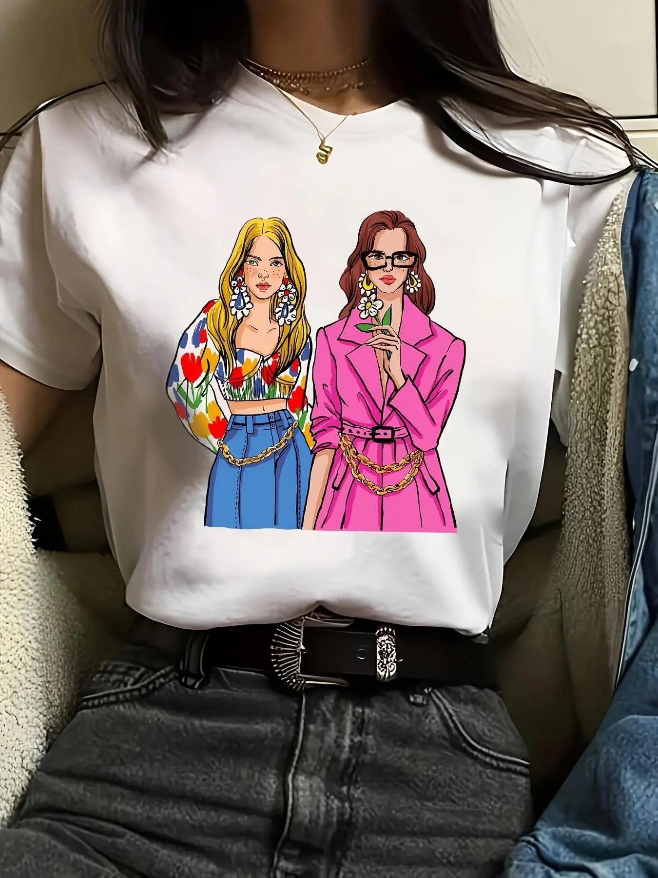 Women's Cartoon Figure Print Round Neck Tee, Casual Short Sleeve T-shirt for Daily Holiday Vacation Outdoor Wear, Ladies...