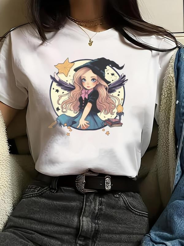 Women's Cartoon Figure Print Round Neck Tee, Cute Comfy Short Sleeve Crew Neck T-shirt for Daily Wear, Casual Top for All...