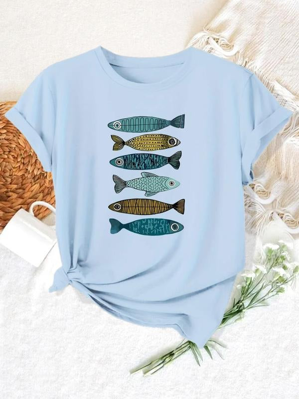 Women's Cartoon Fish Print Round Neck Tee, Casual Short Sleeve Crew Neck T-Shirt for Summer, Fashion Women's Top for...