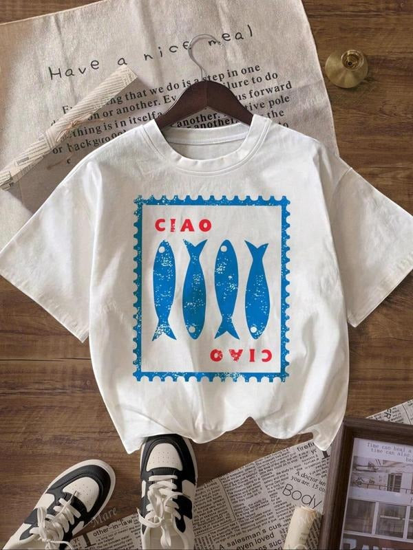 Women's Cartoon Fish Print Round Neck Tee, Casual Short Sleeve T-shirt for Summer, Ladies Clothes for Daily Wear, Top...