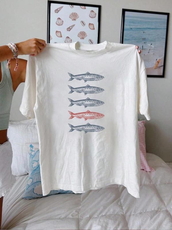 Women's Cartoon Fish Print Round Neck Tee, Fashion Casual Short Sleeve T-shirt, Ladies Summer Clothes for Daily Wear...