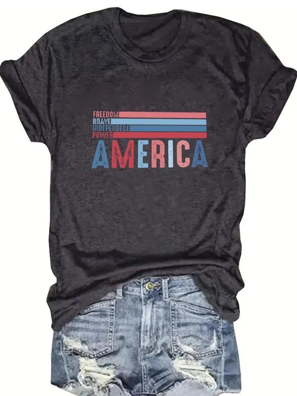 Women's Cartoon Flag Print Round Neck Graphic Tee, Casual Short Sleeve T-Shirt for Summer, Women's Top for Daily Wear...