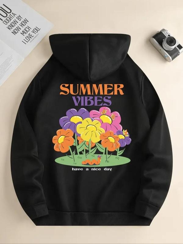 Women's Cartoon Floral & Letter Print Drawstring Pocket Hoodie, Fashion Casual Hooded Sweatshirt for Daily Holiday...
