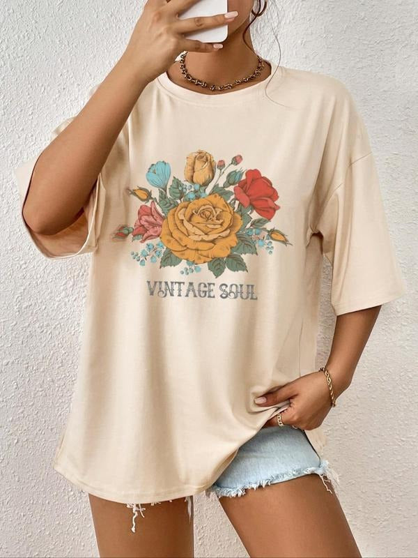 Cartoon Floral Print Round Neck Casual Drop Shoulder Short Sleeve Daily Summer Clothes T-Shirts, Hoodie, Sweatshirt