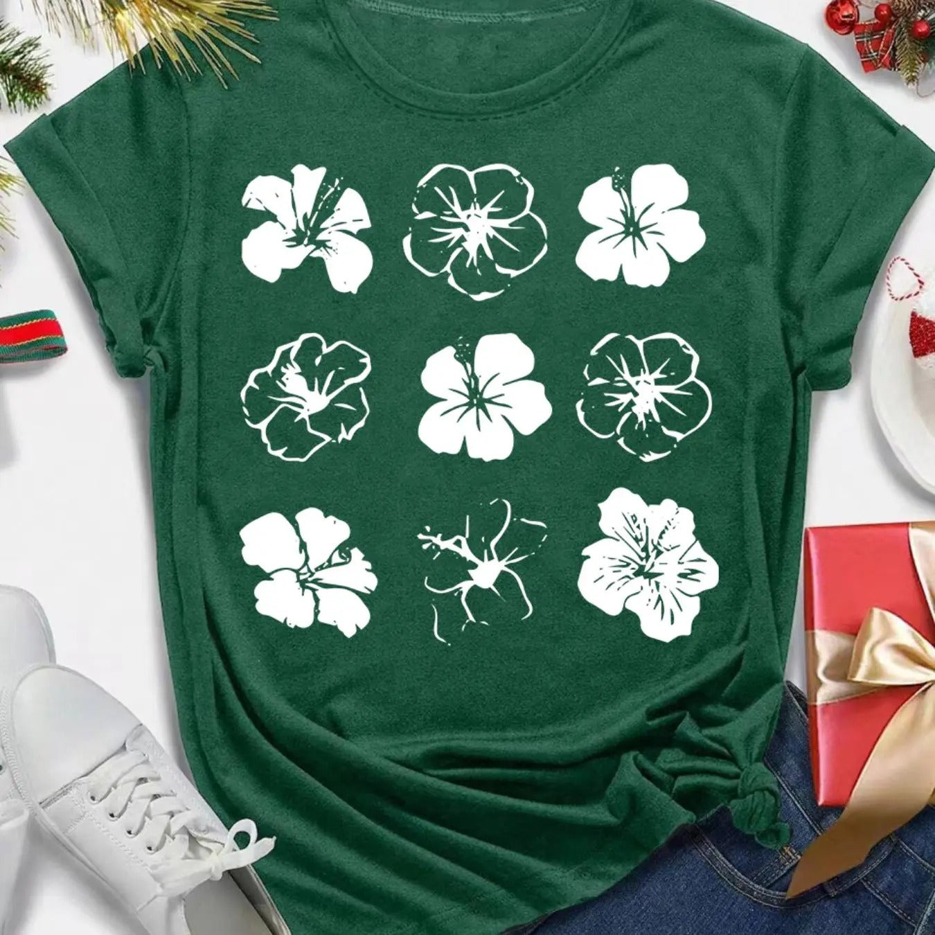 Women's Cartoon Floral Print Round Neck Tee, Casual Short Sleeve T-shirt for Daily Wear, Ladies Clothes for All Seasons...
