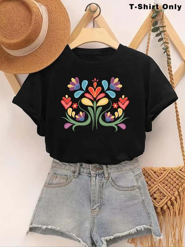 Women's Cartoon Floral Print Round Neck Tee, Classic Short Sleeve Crew Neck T-Shirt, Fashion Women's Top for Daily Wear...