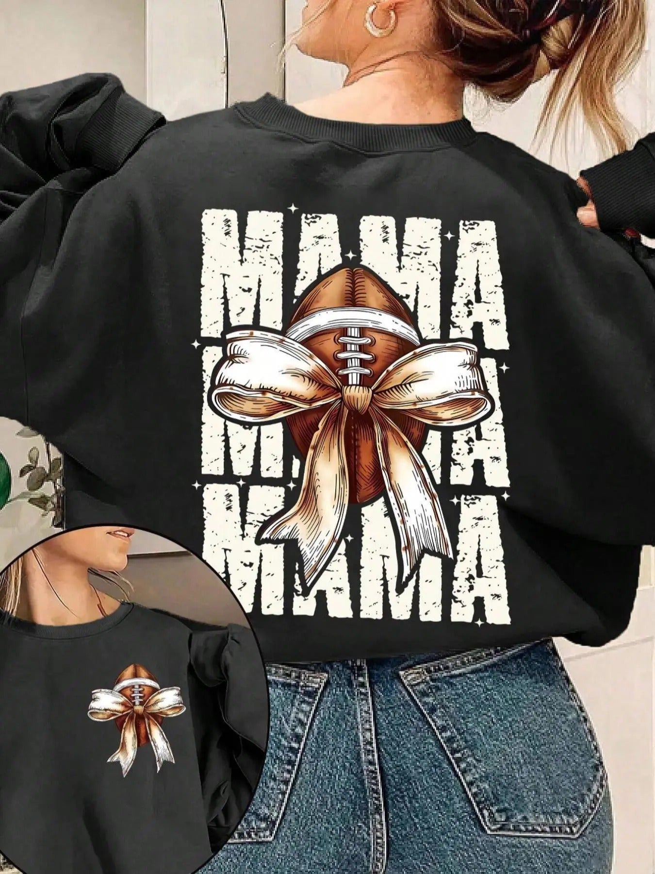 Women's Cartoon Football & Letter Print Drop Shoulder Warm Sweatshirt, Casual Long Sleeve Round Neck Pullover for Fall &...
