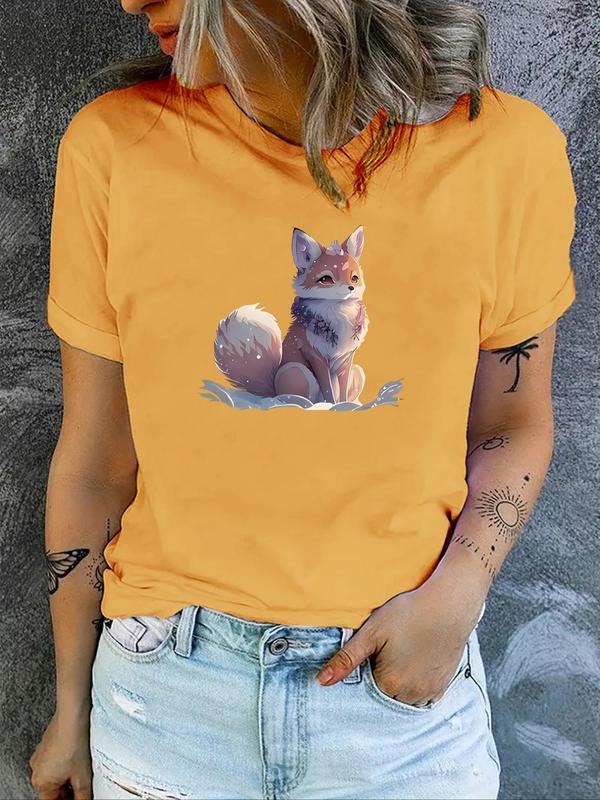 Women's Cartoon Fox & Letter Print Round Neck Tee, Fashion Casual Crew Neck T-Shirt for Daily Holiday Vacation Outdoor...