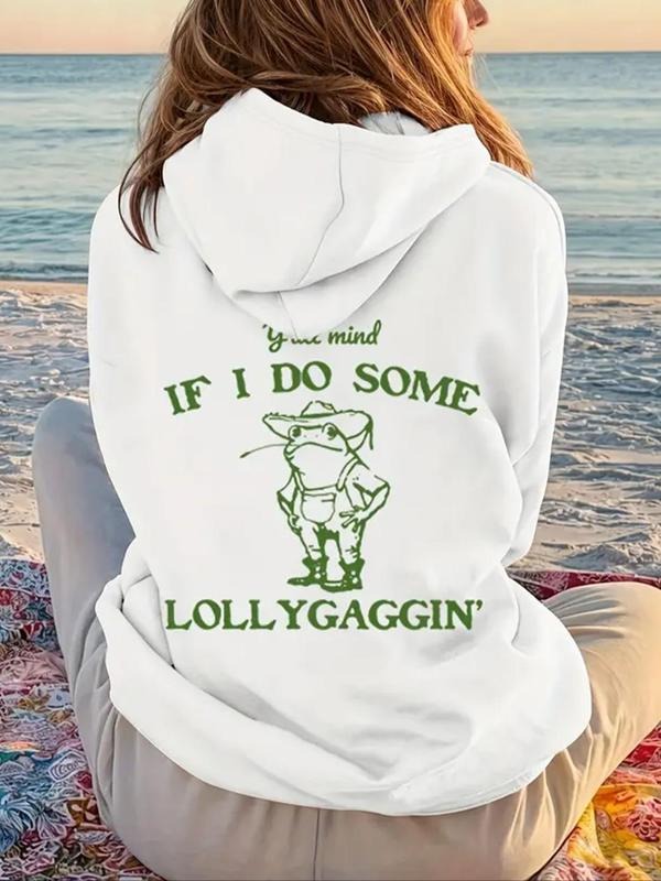 Women's Cartoon Frog & Letter Print Drop Shoulder Hoodie, Fashion Casual Drawstring Pocket Hooded Sweatshirt for Daily...