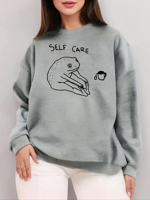 Women's Cartoon Frog & Letter Print Drop Shoulder Sweatshirt, Casual Long Sleeve Round Neck Pullover for Fall & Winter,...