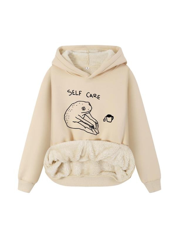 Women's Cartoon Frog & Letter Print Plush Hoodie, Casual Long Sleeve Hooded Sweatshirt for Fall & Winter, Women's Top for...