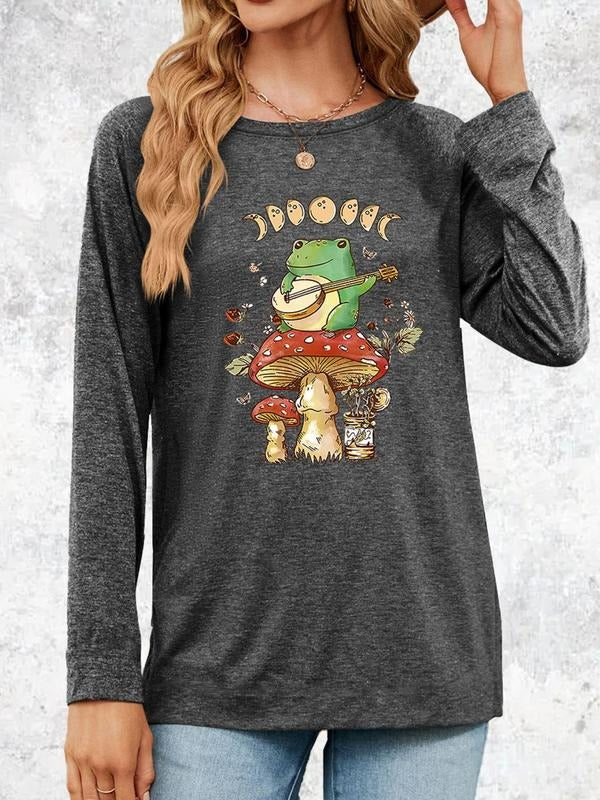 Women's Cartoon Frog & Mushroom Print Drop Shoulder Tee, Casual Graphic Round Neck Long Sleeve T-Shirt for Spring & Fall,...