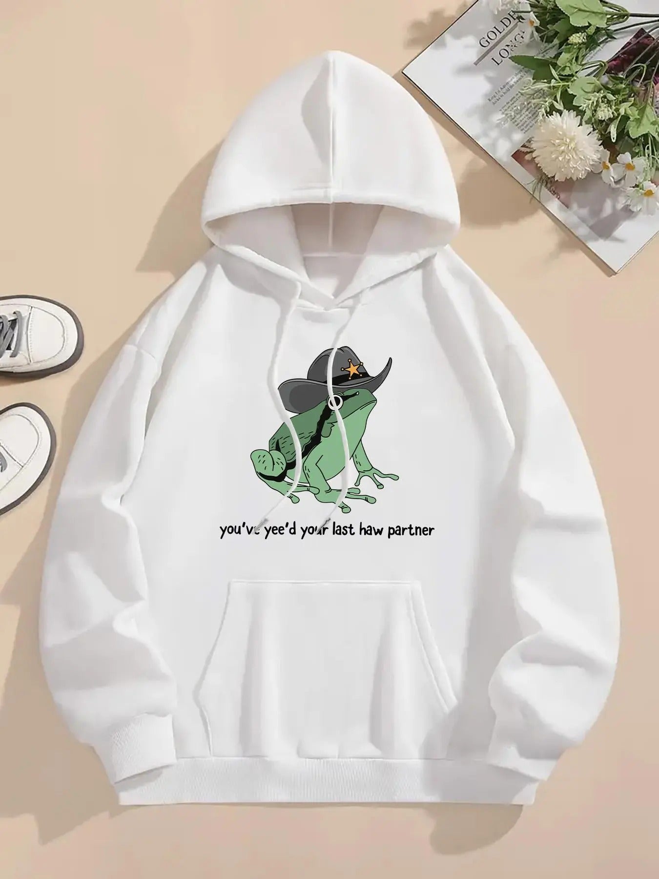 Women's Cartoon Frog Print Drop Shoulder Hoodie, Fashion Casual Drawstring Pocket Hooded Sweatshirt for Daily Holiday...