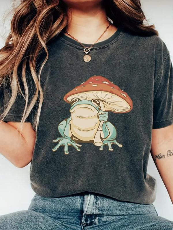 Women's Cartoon Frog Print Round Neck Tee, Casual Short Sleeve Crew Neck T-shirt for Daily Wear, Funny Ladies Clothes for...