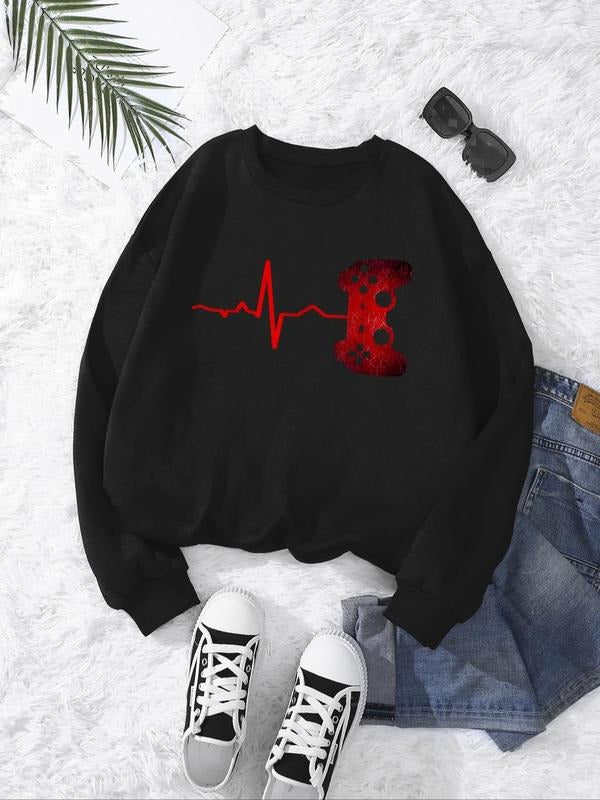 Women's Cartoon Game Console Print Pullover Sweatshirt, Fashion Casual Crew Neck Sweatshirt for Daily Holiday Outdoor...