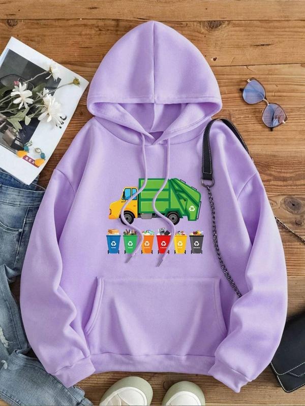 Women's Cartoon Garbage Truck Print Drop Shoulder Hoodie, Fashion Casual Drawstring Pocket Hooded Sweatshirt for Daily...