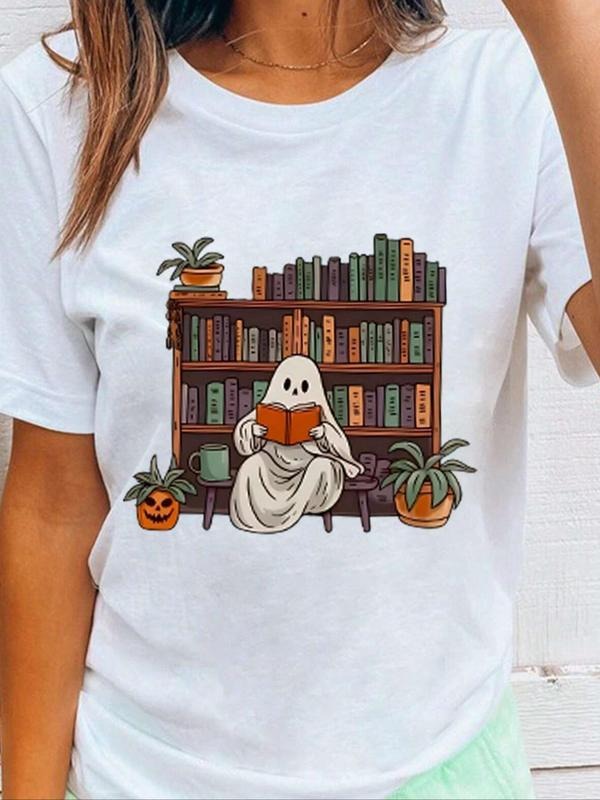 Women's Cartoon Ghost & Books Print Round Neck Tee, Trendy Casual Short Sleeve T-Shirt for Daily Wear, Ladies Summer...