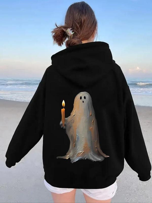 Women's Cartoon Ghost & Candle Print Drop Shoulder Hoodie, Fashion Casual Drawstring Pocket Hooded Sweatshirt for Daily...
