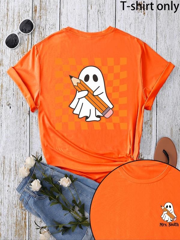 Women's Cartoon Ghost & Checkerboard Print Round Neck Tee, Halloween Casual Short Sleeve Crew Neck T-Shirt for Summer,...