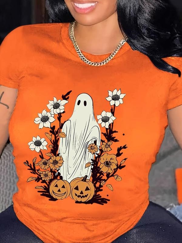 Women's Cartoon Ghost & Floral Print Round Neck Tee, Casual Short Sleeve Crew Neck T-Shirt for Summer, Fashion Women's...