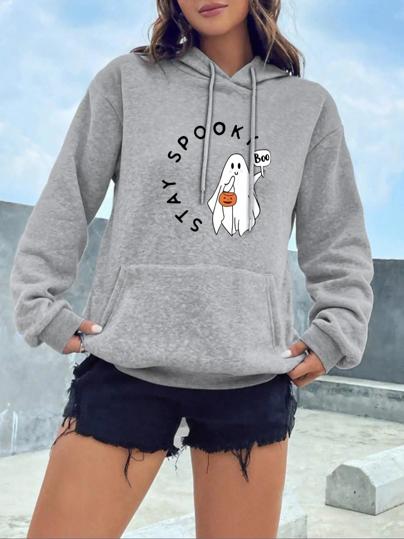 Women's Cartoon Ghost & Letter Print Drop Shoulder Drawstring Hoodie, Fashion Casual Kangaroo Pocket Hooded Sweatshirt...