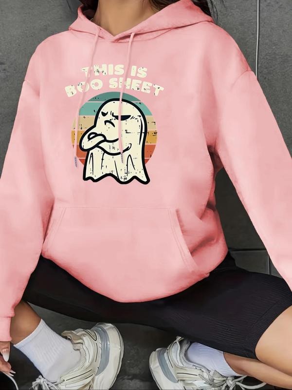 Women's Cartoon Ghost & Letter Print Drop Shoulder Hoodie, Fashion Casual Drawstring Kangaroo Pocket Hooded Sweatshirt...