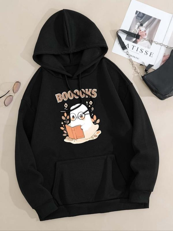 Women's Cartoon Ghost & Letter Print Drop Shoulder Hoodie, Fashion Casual Drawstring Pocket Hooded Sweatshirt for Daily...