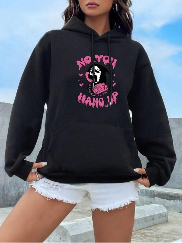 Women's Cartoon Ghost & Letter Print Drop Shoulder Hoodie, Fashion Casual Drawstring Pocket Hooded Sweatshirt for Daily...