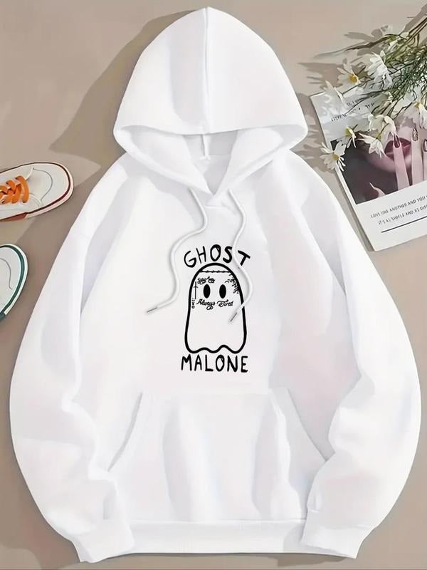 Women's Cartoon Ghost & Letter Print Drop Shoulder Hoodie, Fashion Casual Drawstring Pocket Hooded Sweatshirt for Daily...