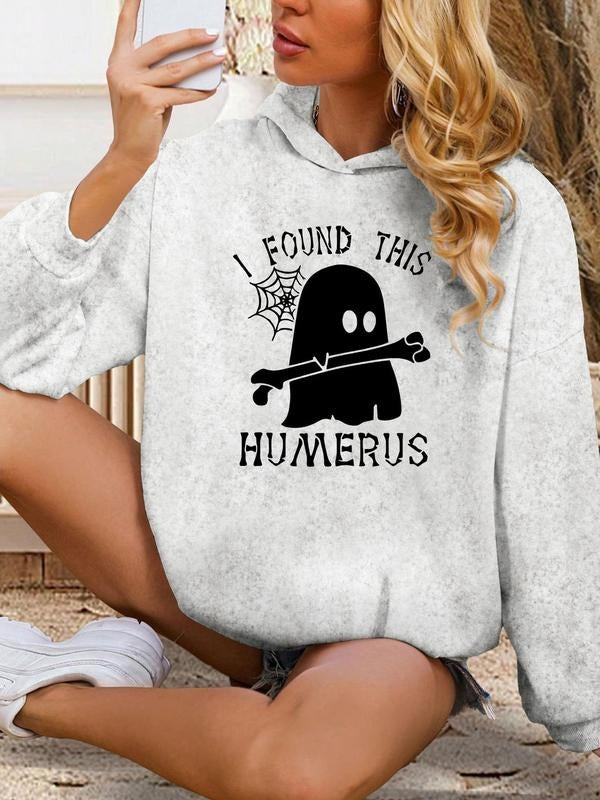 Women's Cartoon Ghost & Letter Print Drop Shoulder Hoodie, Fashion Casual Hooded Sweatshirt for Daily Holiday Outdoor...
